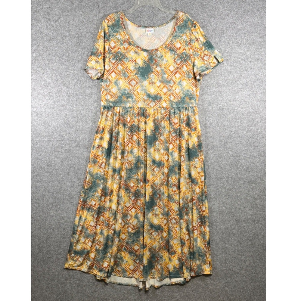 LuLaRoe Nicole Dress Womens 3XL Yellow Teal Geometric Diamond Short Sleeve Maxi